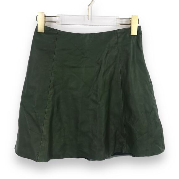VEDA Leather Mini Skirt S Mid Rise A-Line Distressed Lightweight Back Zip Green - Picture 1 of 6
